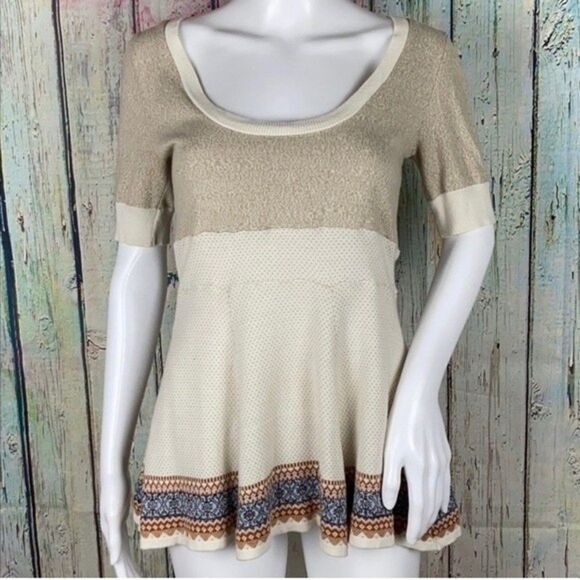 Free People Cream Fair Isle Short Sleeve Knit Top Size XS - Picture 3 of 9